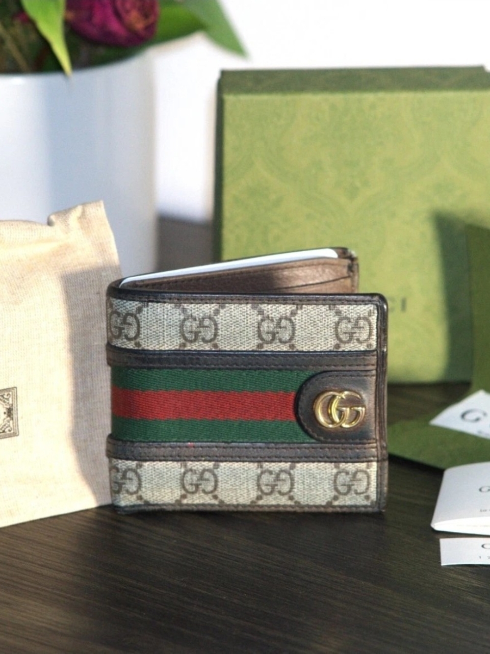 Gucci Ophidia Bi-Fold Wallet in Beige and Dark Brown with Red and Green Web